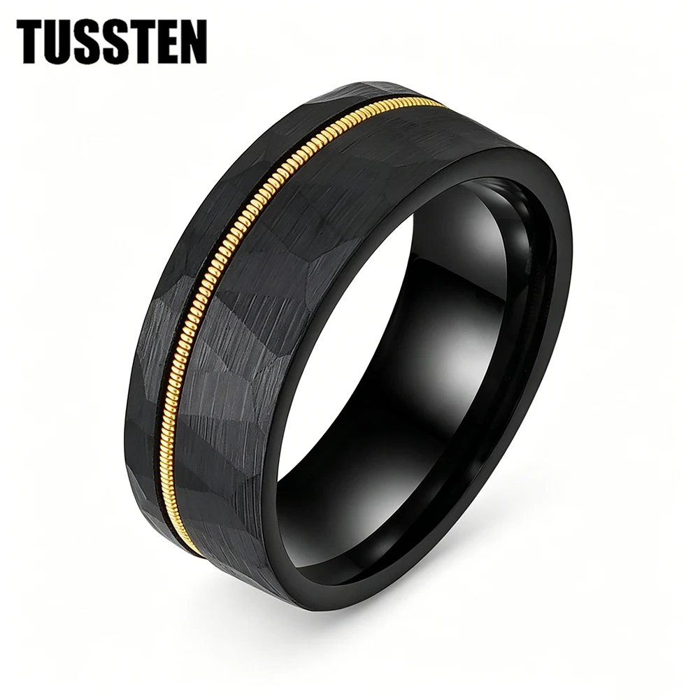 TUSSTEN 8mm Black Hammered Tungsten Ring for Men Women Gold Guitar String Inlay Fashion Engagement Wedding Band