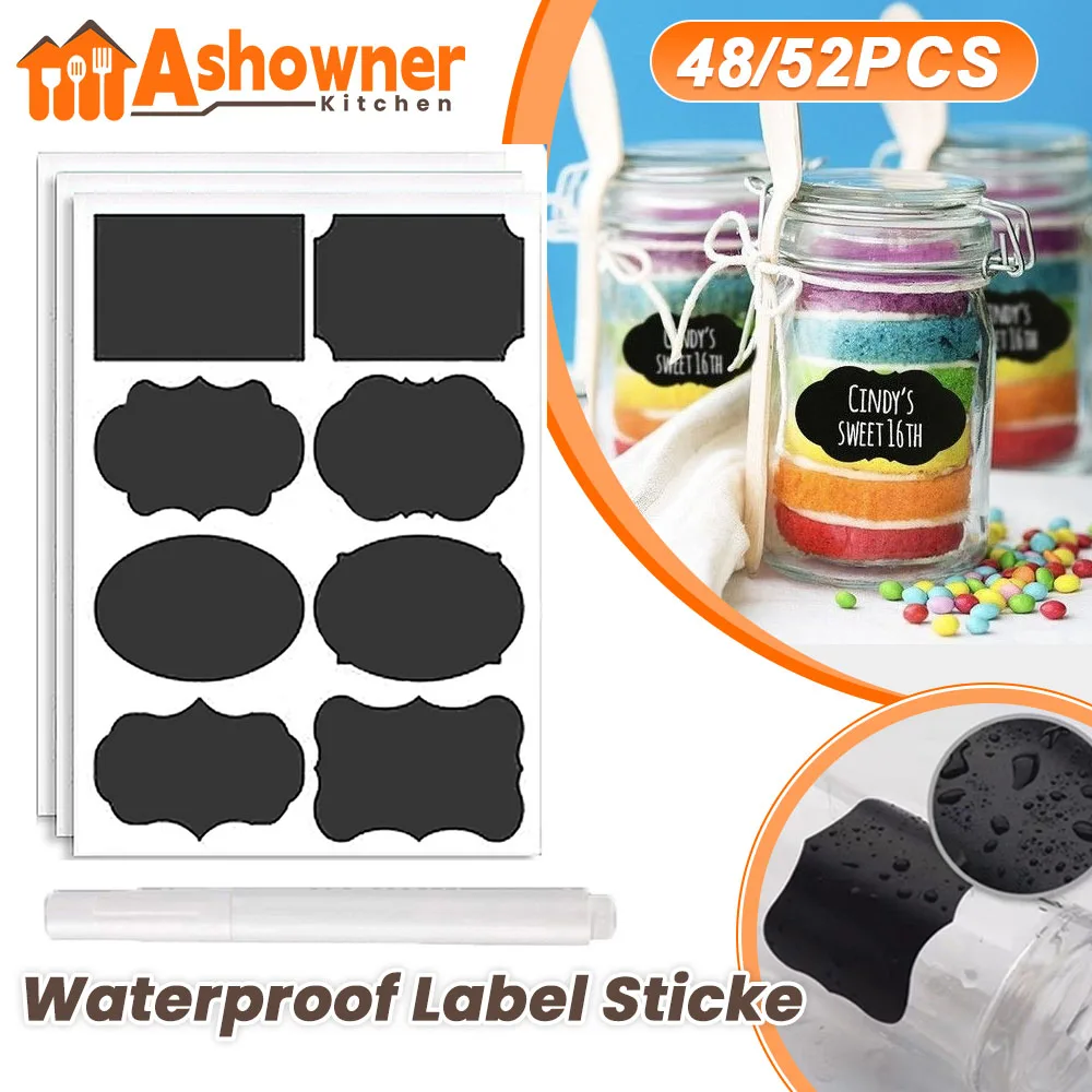 48/52 Cans Blackboard Label Sticker PVC Waterproof Erasable Organizer Pantry Labels Sticker Kitchen Labels Stickers for Jar