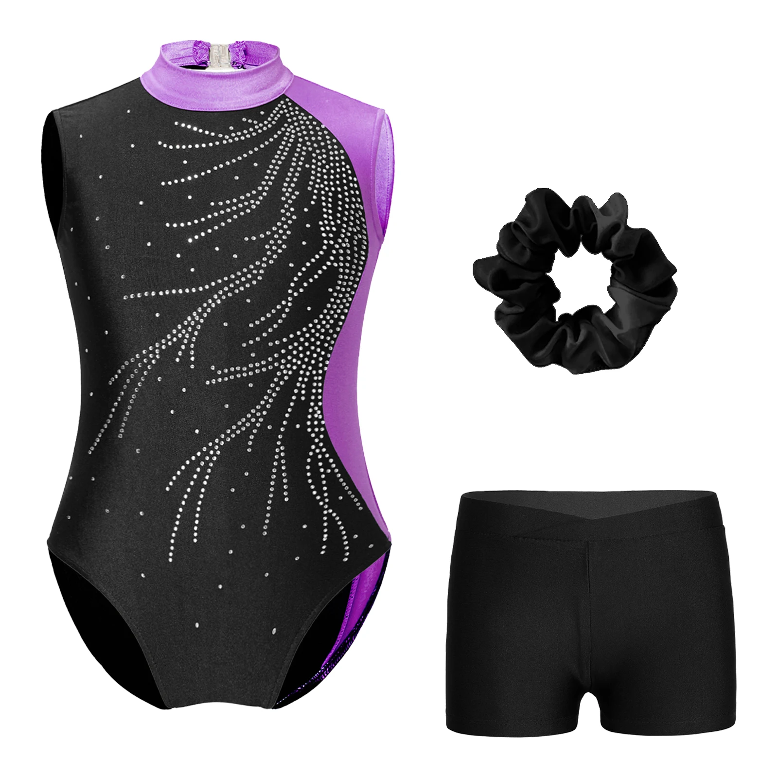 Sequin Girls Ballet Dance Set Shiny Rhinestones Leotard with Shorts And Hair Tie Headband for Gymnastics Performance Competition