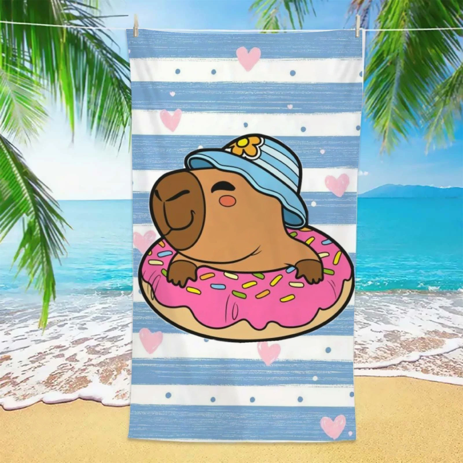 Cute Capybara Beach Towel 1pc Blue White Stripe Donut Print Microfiber Sand Free Quick Dry Towel for Beach Pool Kids Summer