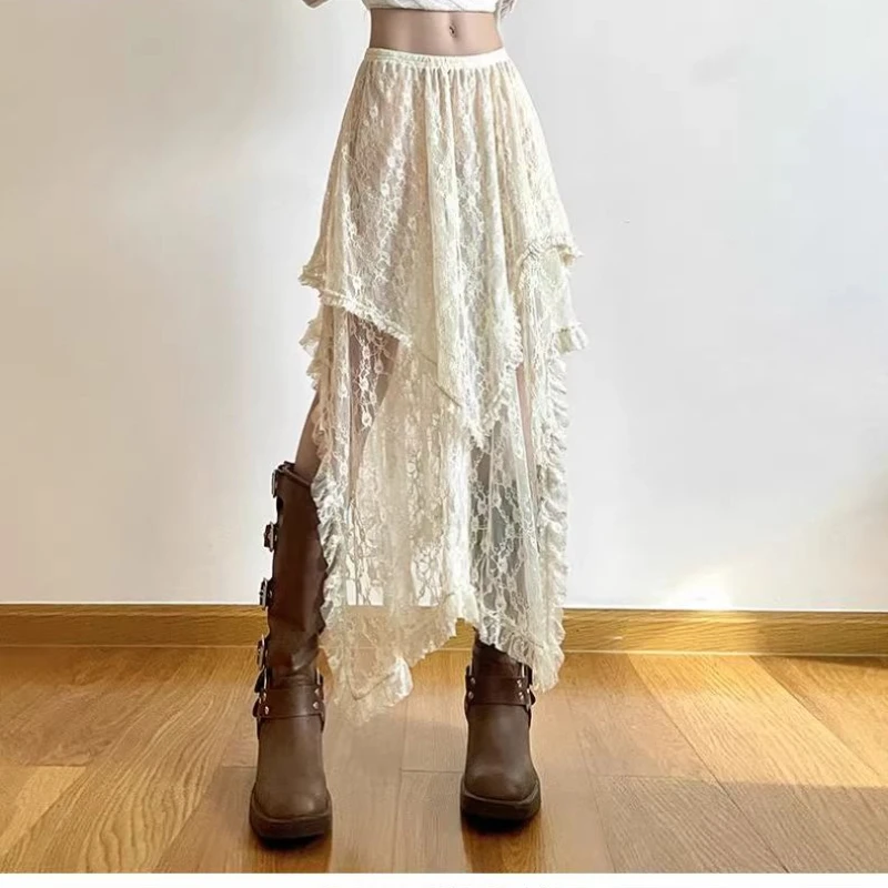 Chic Irregular A-line Skirts 2024 Fashion Holiday Skirts for Women Vintage Ruffles Floral Kintted Lace Streetwear Faldas Mujer