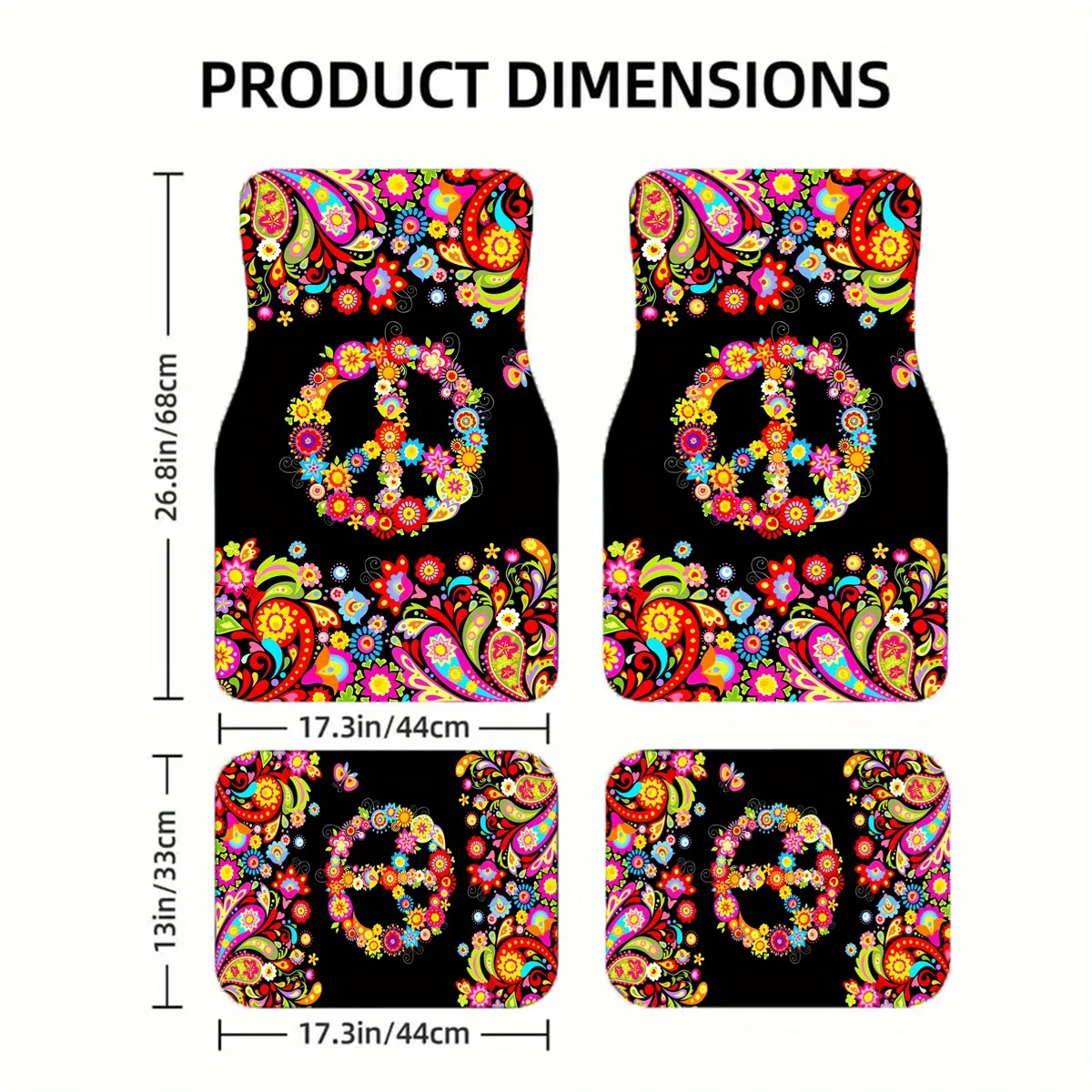 Peace Symbol Flowers Pattern Car Mats- Universal Fit For All Seasons, Comfortable And Durable, Suitable For Most Car Front And R