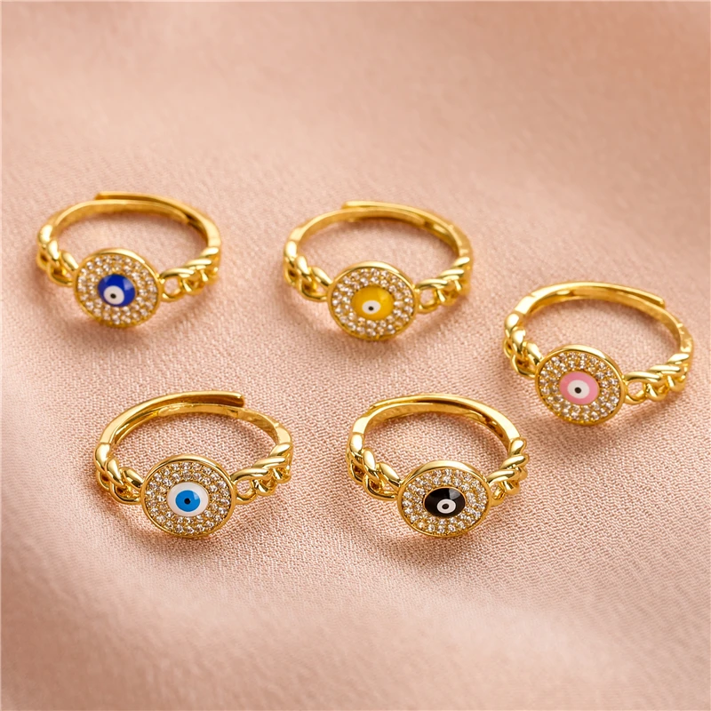 HECHENG,Turkish Zircon Evil Eye Rings For Woman Open Adjustable Cooper Rings Round Eyes Enamel Jewelry Wholesale Droppshipping