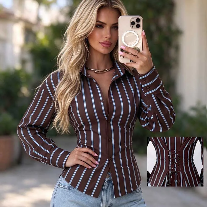 Chic Fashion Vertical Stripes Shirt 2026 Women Lace-up Waist Cinching Blouse Spring Autumn Tops Elegant Commuter Long Sleeve Top