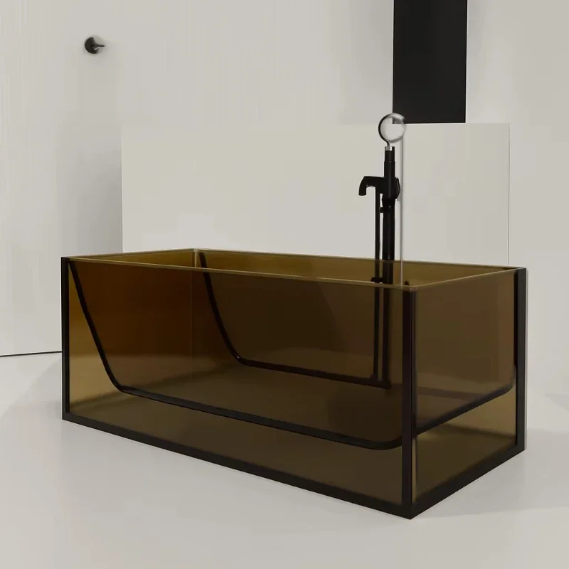 The bathroom bathtub is separate from the luxurious hotel bathroom