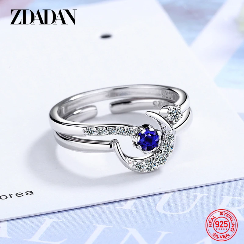 ZDADAN 2 Pcs 925 Sterling Silver Moon Blue CZ Ring For Women Fashion Jewelry