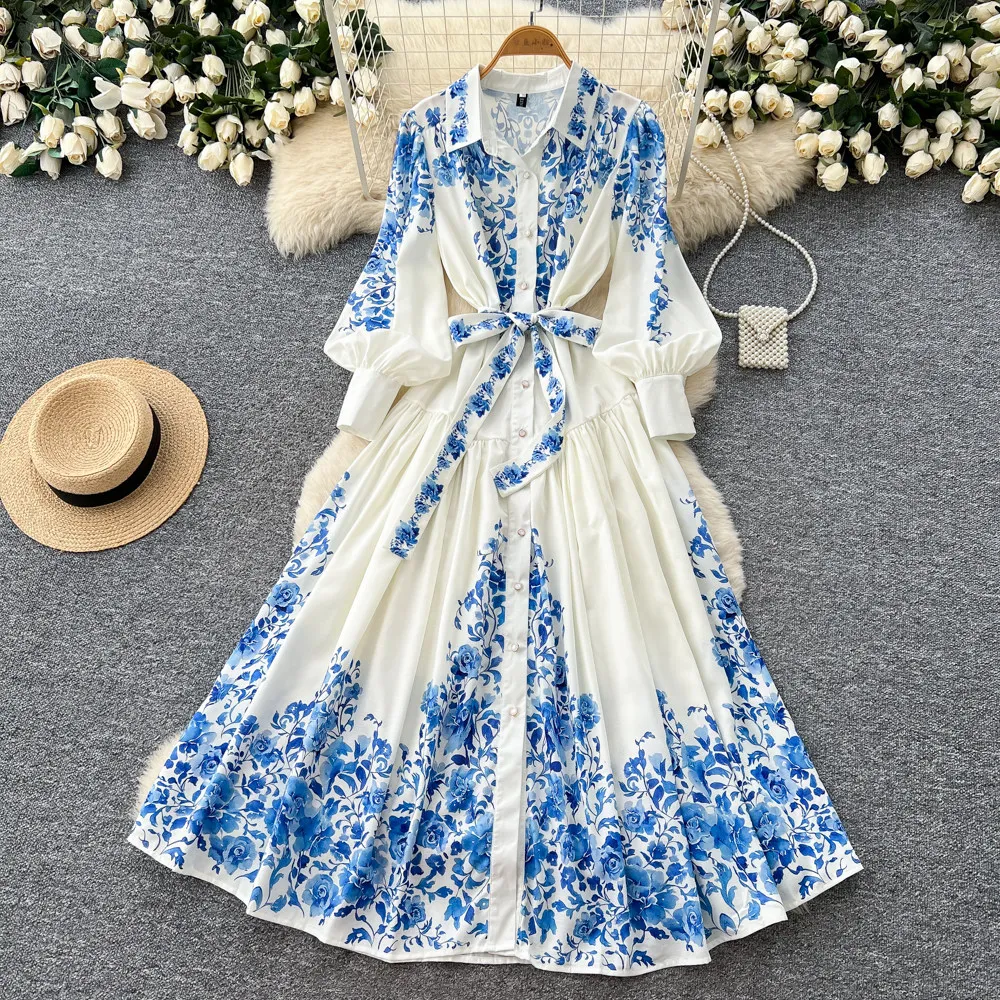 

Women Dresses Print Dress Button Turn Down Collar Lantern Sleeves Ankle Length Cinched Waist Loose Fit Casual Office 2026 Spring