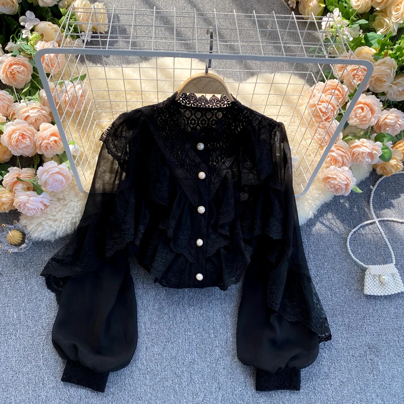 Spring Women Shirts Splicing Lace Embroidery Cascade Ruffle Blouses Pearl Stand-up Collar Lantern Sleeve Chiffon Button Up Shirt