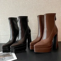 MKKHOU Fashion Short Boots Women's New High Quality Genuine Leather Boots Pointed Zipper Thick Bottom Ultra High Heels Boots