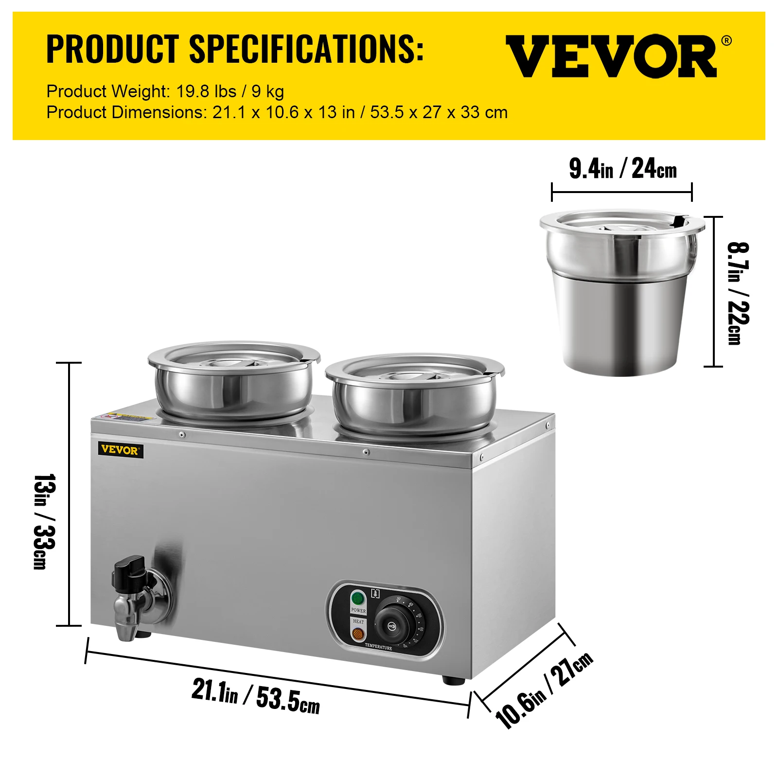 VEVOR 2x7L Commercial Food Warmer Stainless Steel Electric Buffet Serving Set Home Kitchen Countertop Steam Soup Kettle Machine