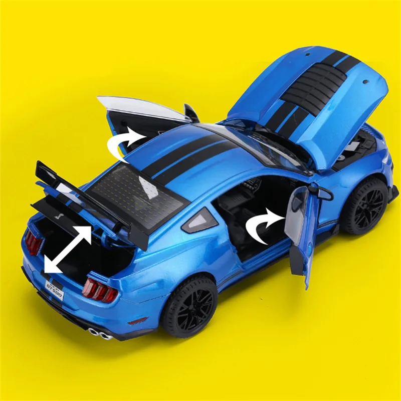 Large Size 1/18 Ford Mustang Shelby GT500 Alloy Sports Car Model Diecasts Metal Racing Car Model Sound and Light Kids Toys Gifts