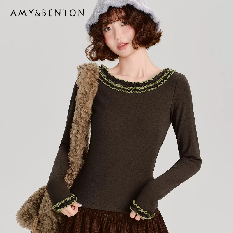 

American Retro Design Women's Long-sleeved T-shirt Spring Autumn New Cute Lace Splicing Slimming Versatile Bottoming Tops Ladies