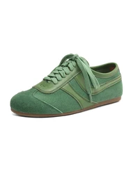 2025 NEW Trend Natural Suede Splicing Women Flats Spring Autumn Lace Up Flat Shoes Ladies Apricot Brown Geen Patchwork Shoes