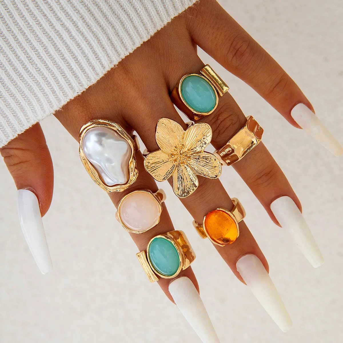 7pcs/set liquid lava flower Design resizable rings y2k ins baroque imitation pearl inlaid gemstone rings for women