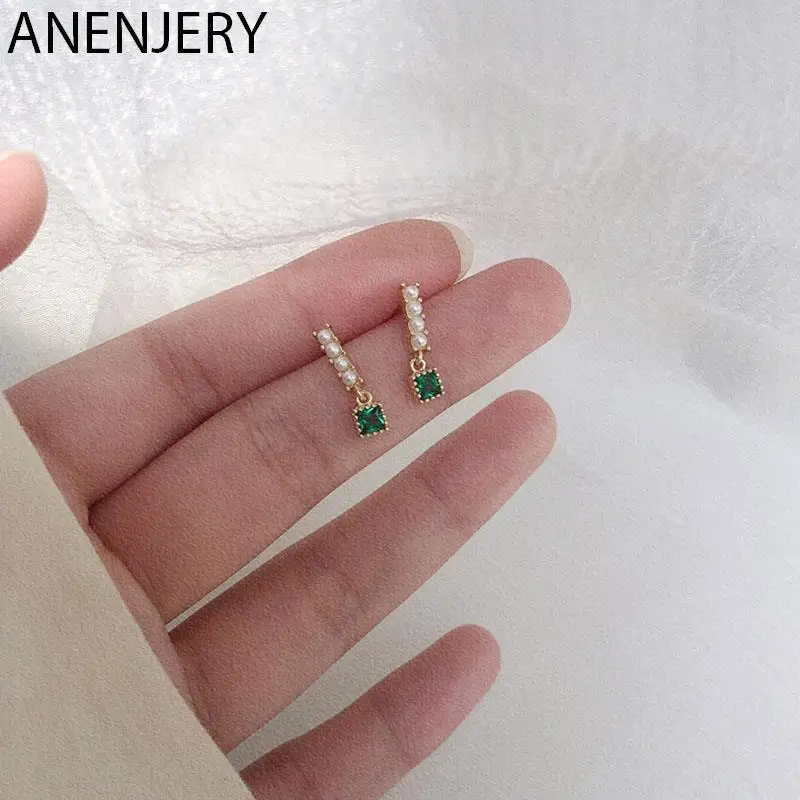 ANENJERY Silber Farbe Perle Grün Stein Tropfen Ohrringe Weibliche Einfache Exquisite Retro Ohrringe Partei Schmuck