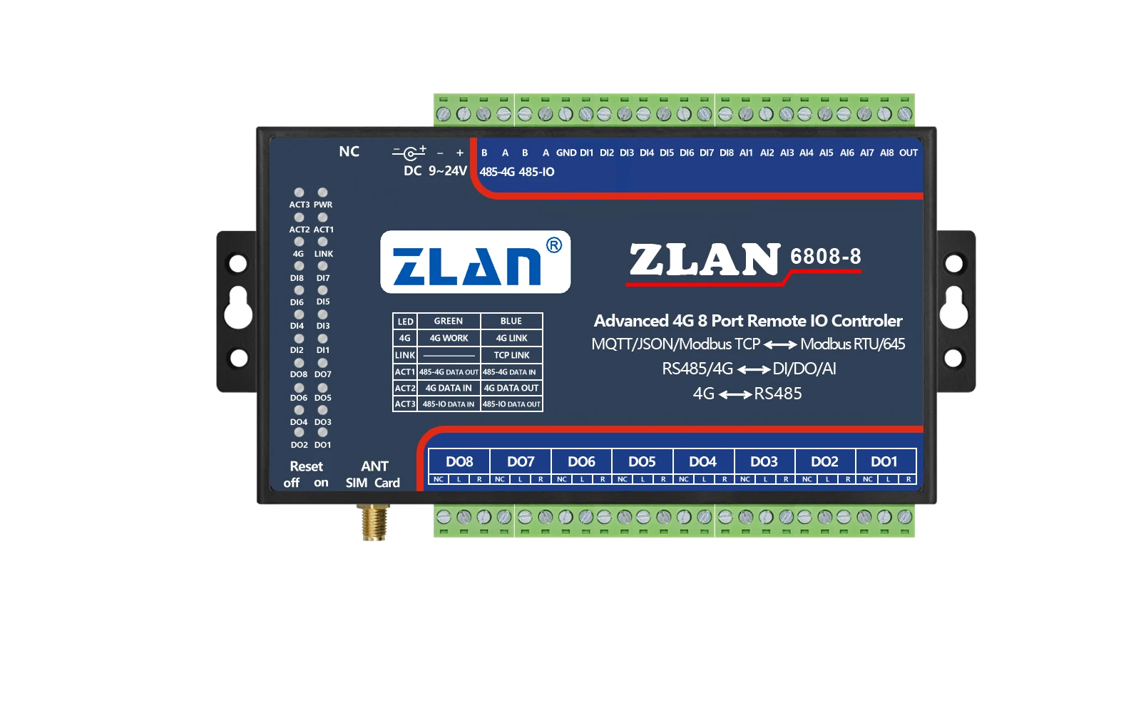 Modbus TCP IO O Módulo, 4G, Ethernet RJ45, Controlador IO remoto, A, Coletor D, 8 canais, DI DO AI, ZLAN6808-8