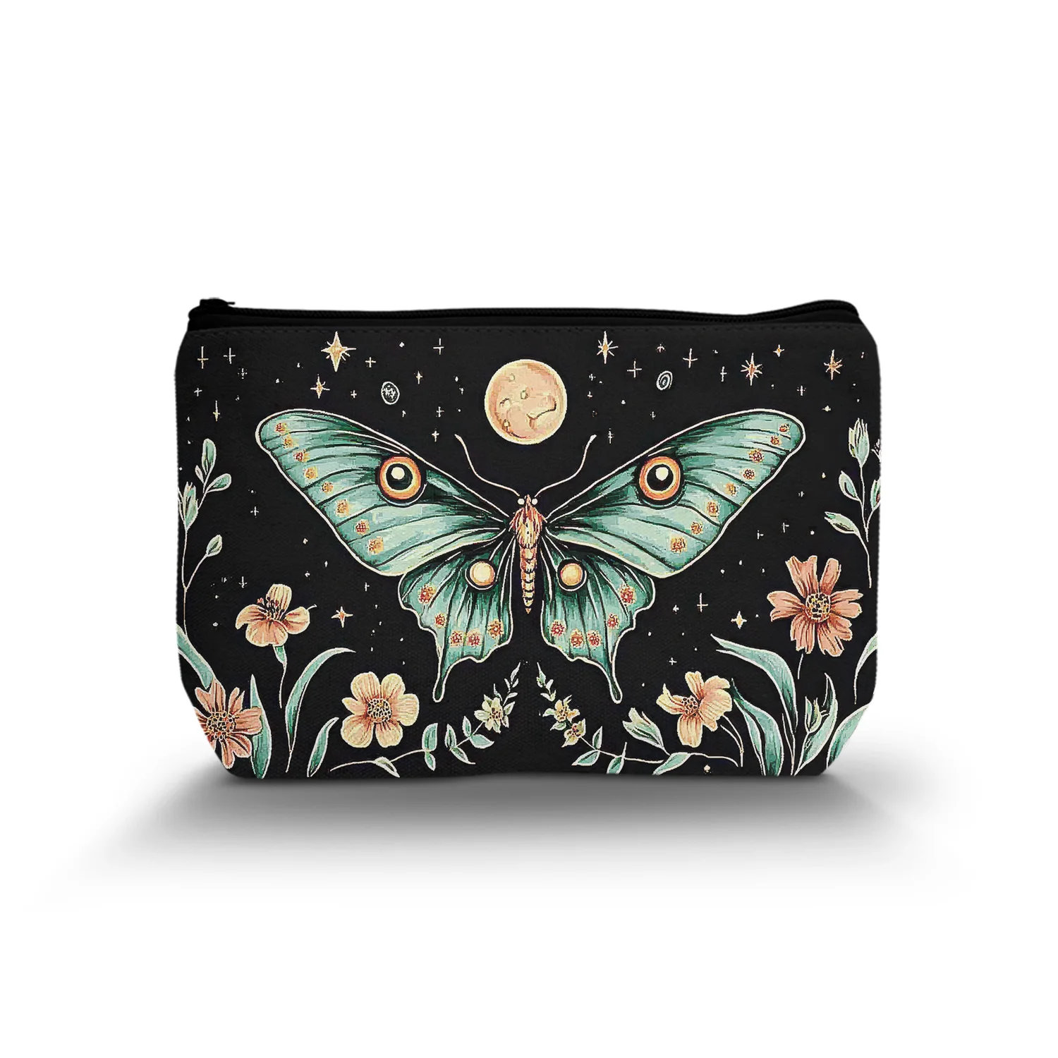 1Pc Vintage Butterfly And Moth Pattern Cosmetic Bag Bohemian Style Flowers Plants Animals Moon Cosmetic Bag 8.66X5.51Inch