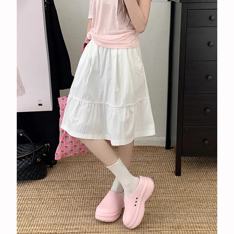 

Summer Women Loose Fit A-line Skirts Female Korean High Waist Casual Midi Skirts Girls Classic Solid Mid-Long Dress