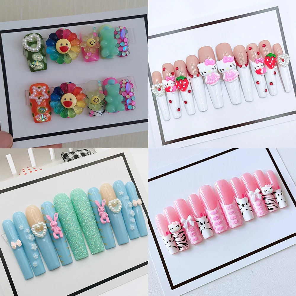 

Kawaii Diy Sanrio 10Pcs Hello Kitty Rhinestone Handmade Press On Nails Long Coffin 3D Bowknot Design Nail Art Girls Gift