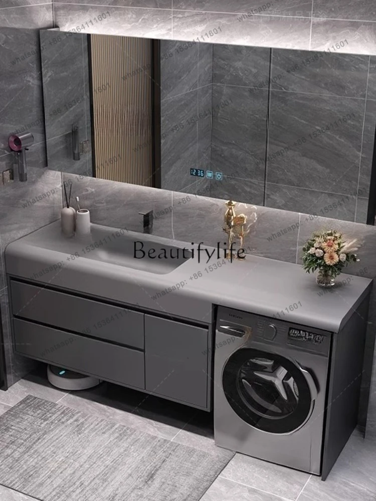 Customized washing machine cabinet, bathroom cabinet combination, rock slab hot bending integrated basin, space gray.