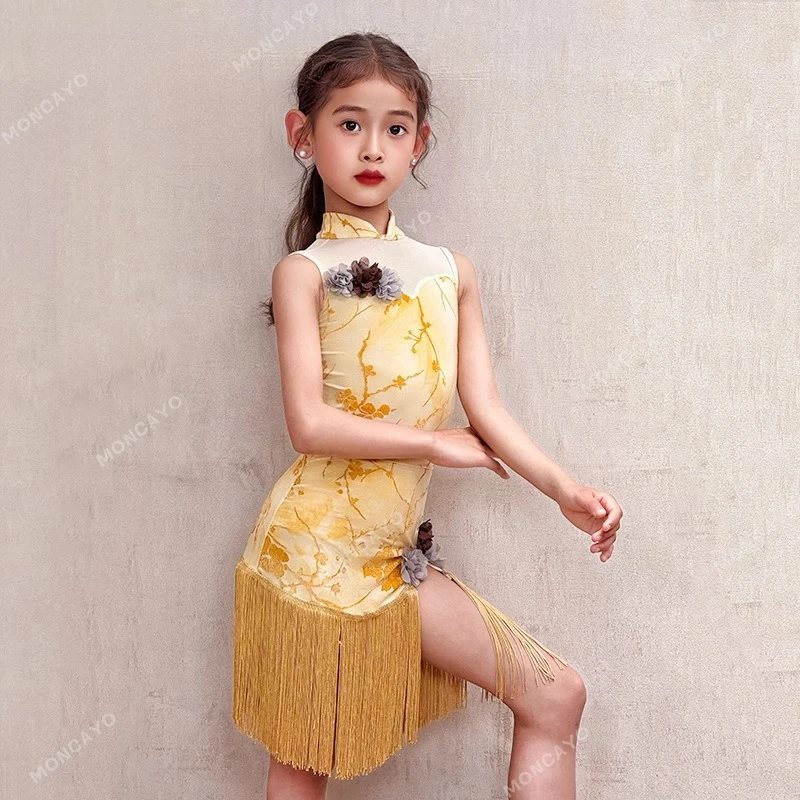 Cha Cha Rumba Costume da ballo latino per ragazze Abito da ballo salsa con frange Vestito da ballo per ragazze tango Vestito da pratica latino standard per bambini
