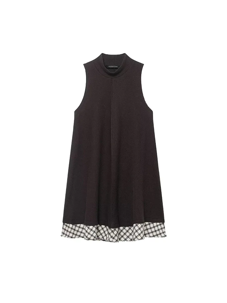 

HH New Women Sleeveless Medium Length Round Neck Plaid Lace Decoration Skirt Loose And Comfortable Casual Style Dress