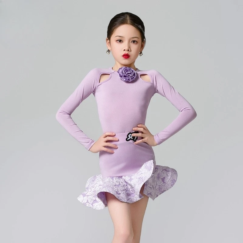 Trajes de baile de salón latino personalizados para niños y niñas, ropa de práctica, conjuntos divididos de rendimiento, vestido de manga larga con flecos