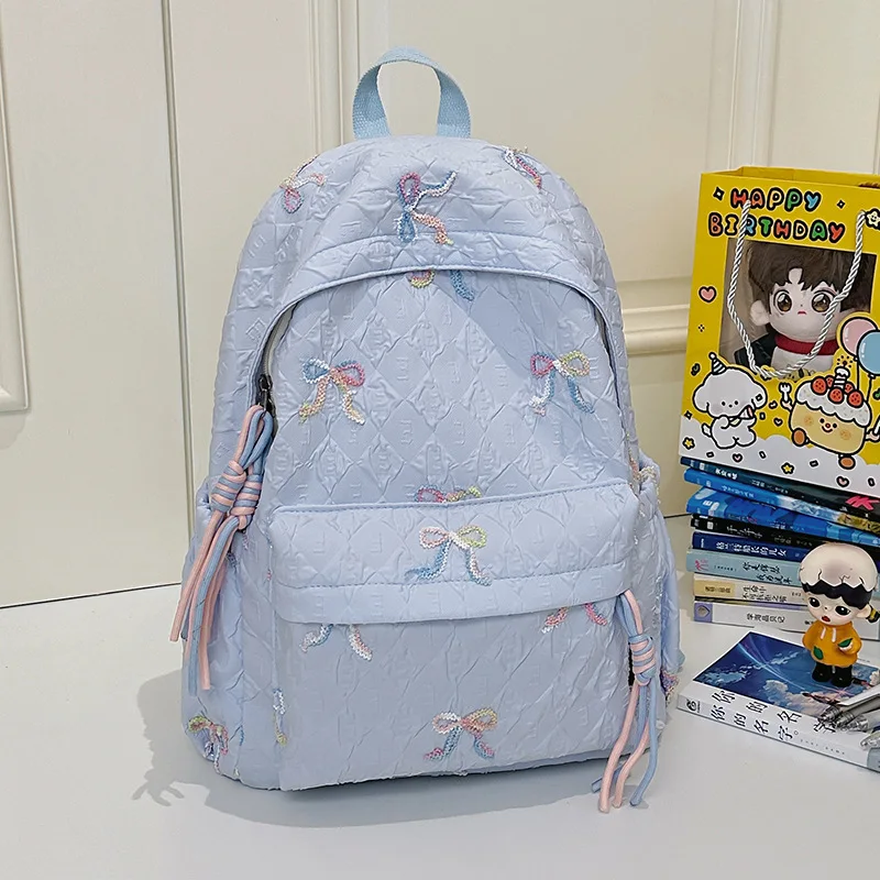 Women's Coquette Backpack, Cute Quilted Bow Embroidery School Bag with Plush Charm, Large Capacity Casual Daypack