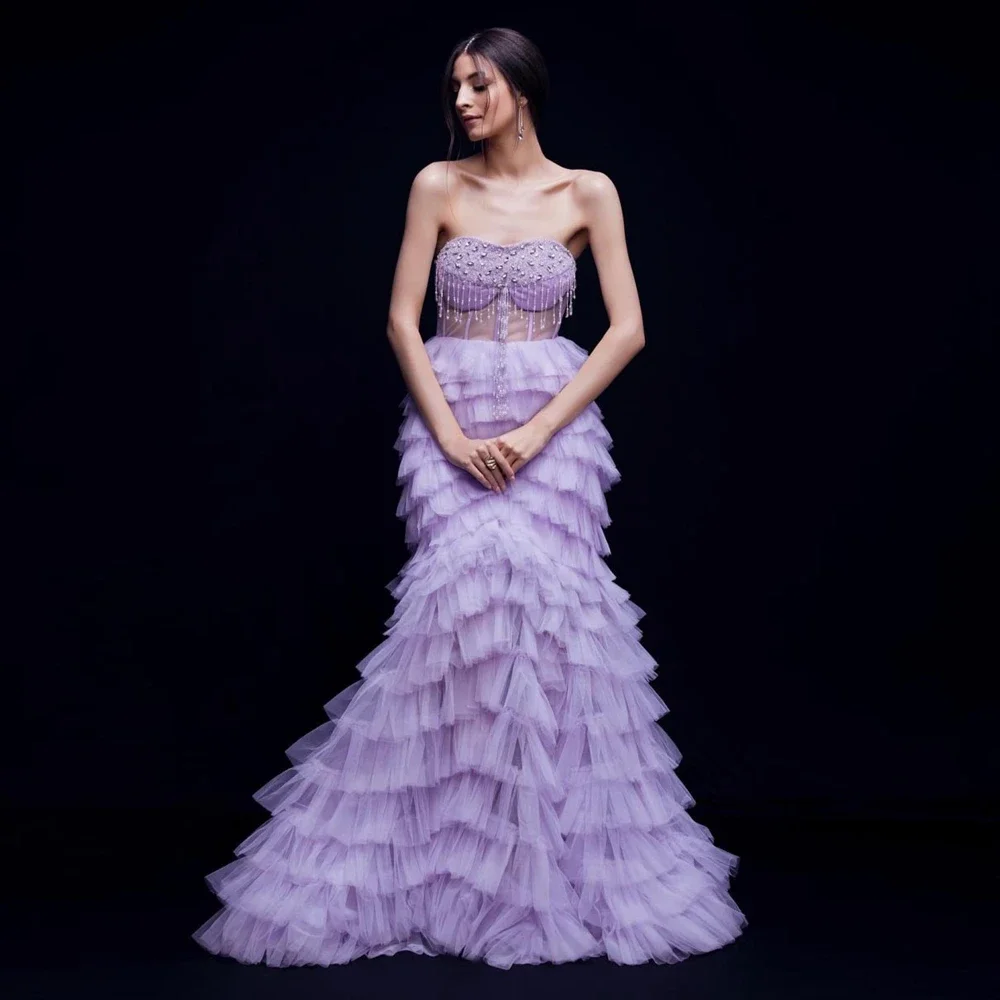 Dignified Lavender Mermaid Tulle Dress Strapless Light Purple Fluffy Evening Dress Crystals Beading Prom Dress Ruffled Gowns