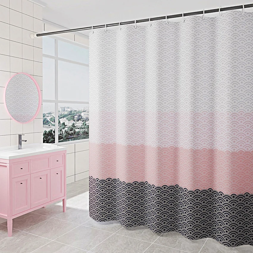 Pink Wifi Pattern Shower Curtain Waterproof Bathroom Bathtub Bathing Cover Geometric Bath Curtains with 12 Hooks 180x180cm