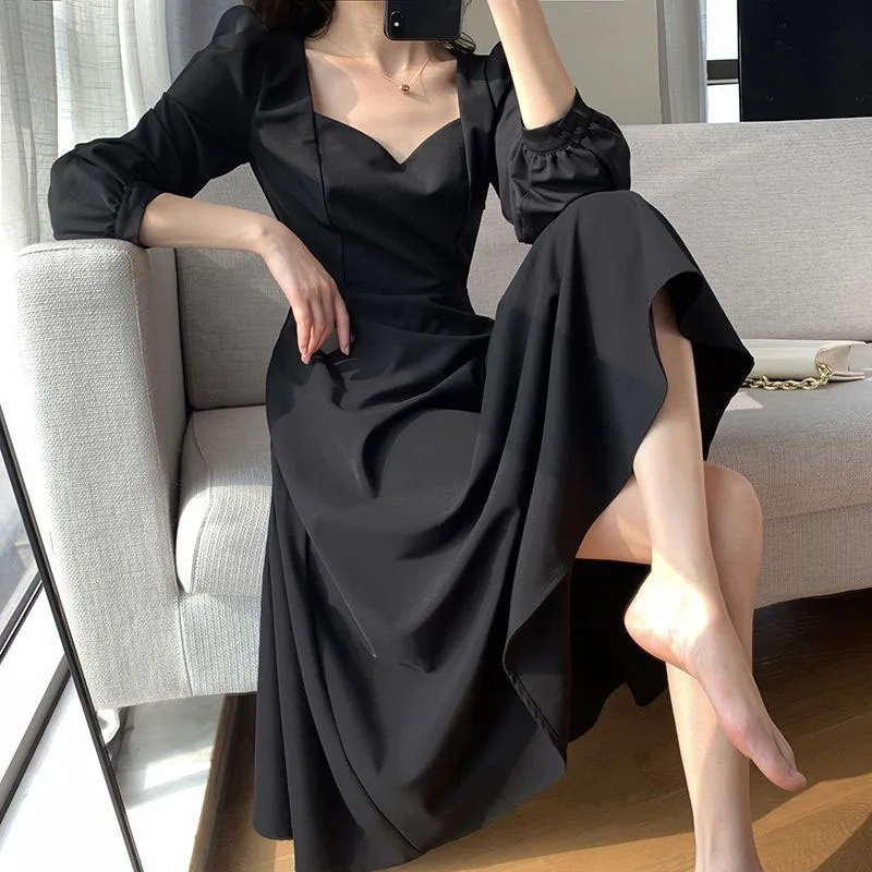 Hepburn Style Dress Women Fashion Fall Vintage Draped Lantern Long Sleeve Dress Elegant Black Knee Length Female Vestidos