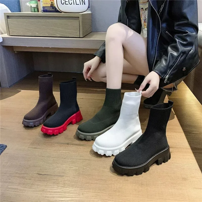 

Women's Shoes Elastic Socks Boots for Women British Style Fly Woven Breathable Thick Soled Women's Short Boots Botas Mujer 35-43