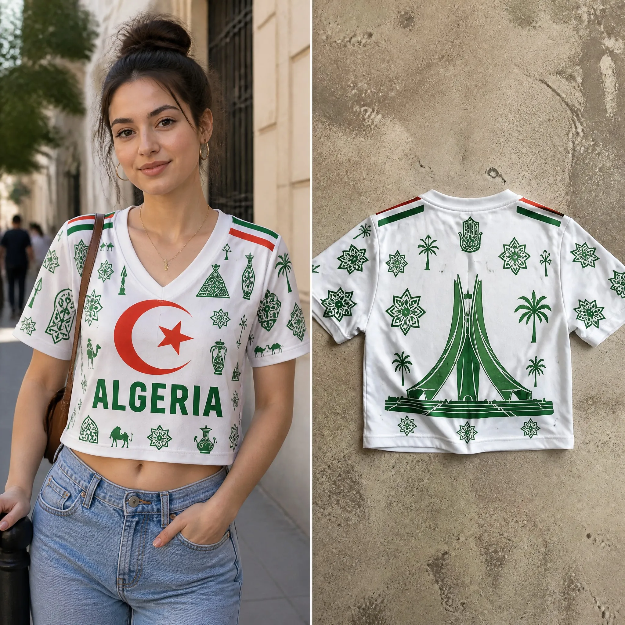 Womens V Neck Cropped Tee Algeria Icon Print Graphic Short Sleeve Summer Casual Top With Cultural Back Artwork Trendy Streetwear