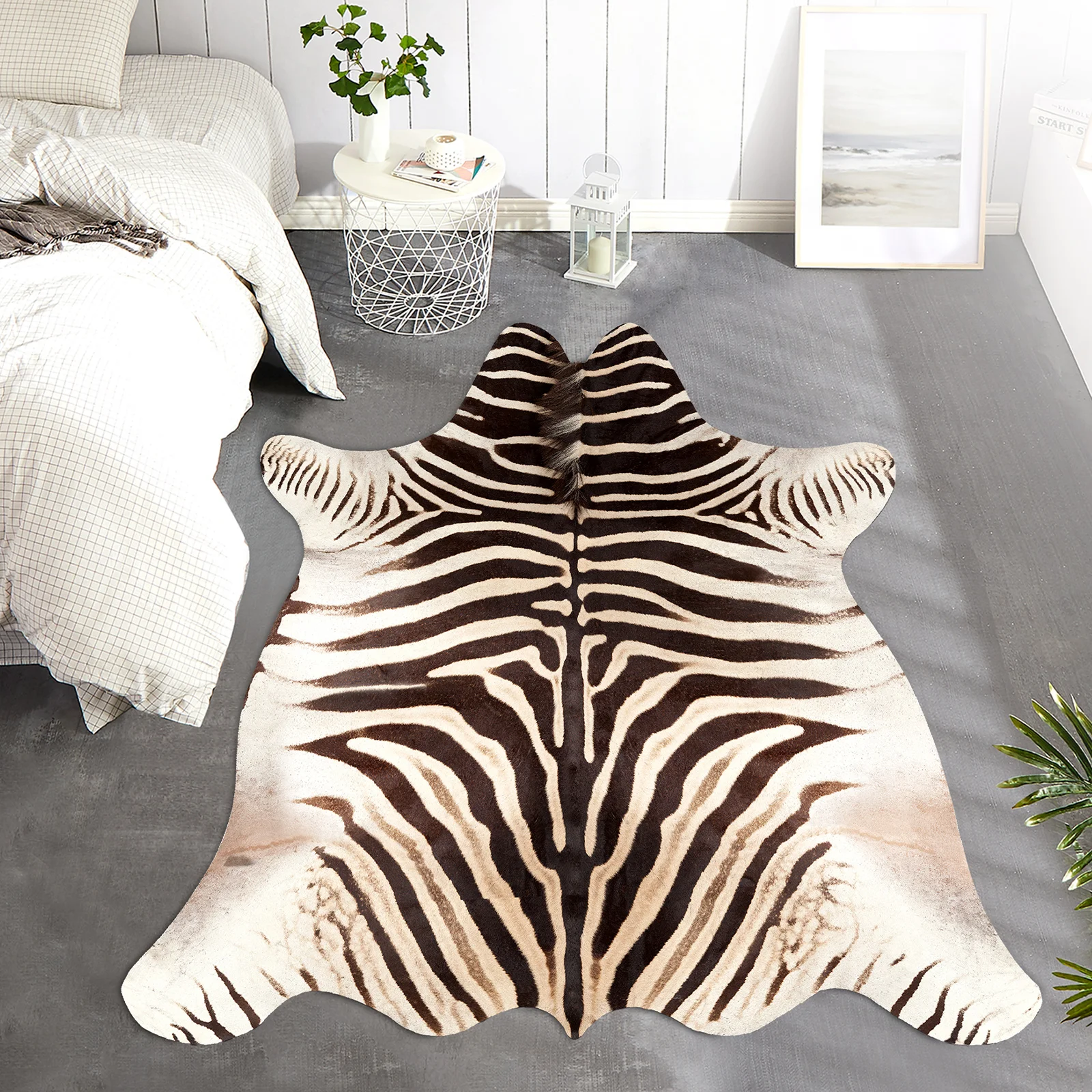 Non-Slip Zebra Print Pattern Area Rug Bohemian Style Living Room Carpet Soft Floor Mat for Bedroom Interior Decor