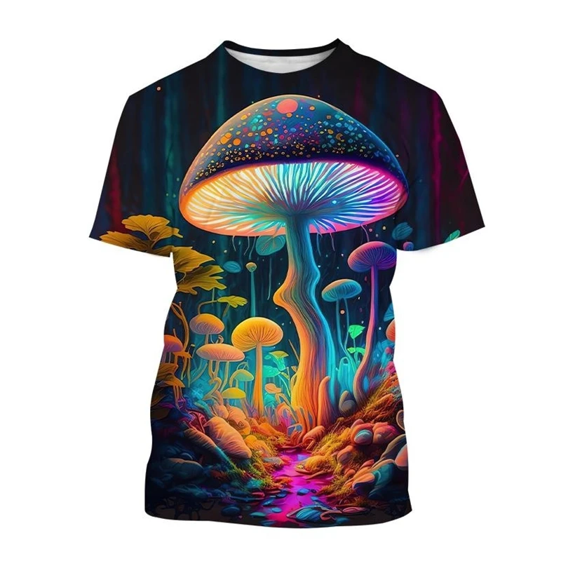 Psychedelic Mushroom 3D Print T-Shirt Men Forest Round Neck Short Sleeve Plants Graphic T Shirt Fashion Casual Unisex Tops Tees