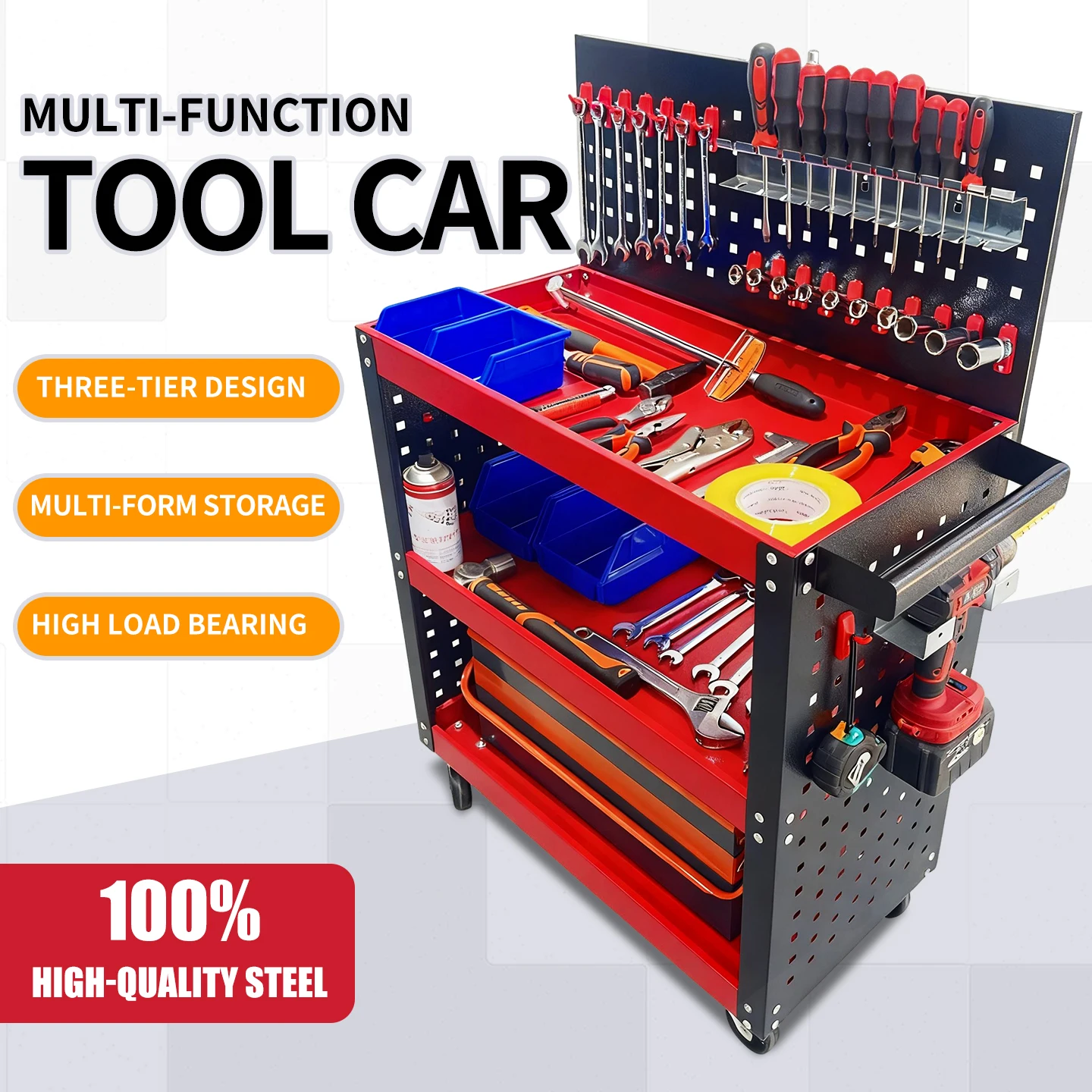 3-Tier Tool Cart , Locking Wheel Mobile Storage Cart, 150kg Load Heavy Steel Service Trolley for Garage Workshop Mechanic