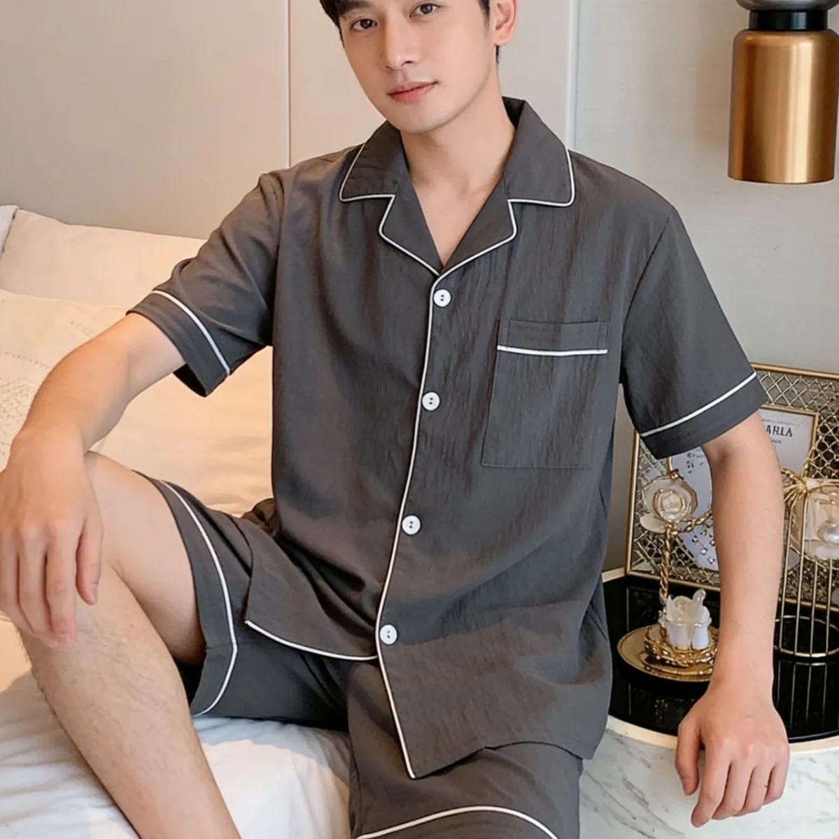 Men Summer Loungewear Solid Color Cardigan Pajamas Boys Short Sleeve Shorts Homewear Set Man Soft Loose Cool Lounge Clothes Gent