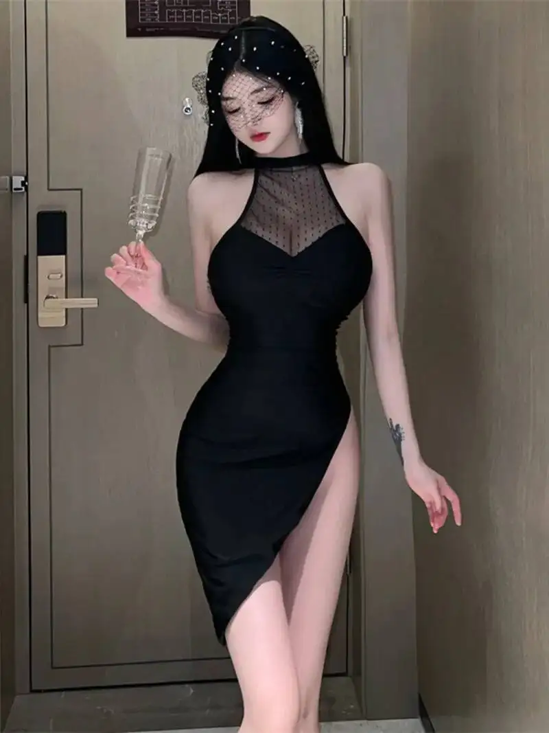 WOMENGAGA 2023 Sexy col suspendu haute fente maille pure transparente poitrine basse serré mince hanche robe pour les femmes nouveaux hauts V8ND