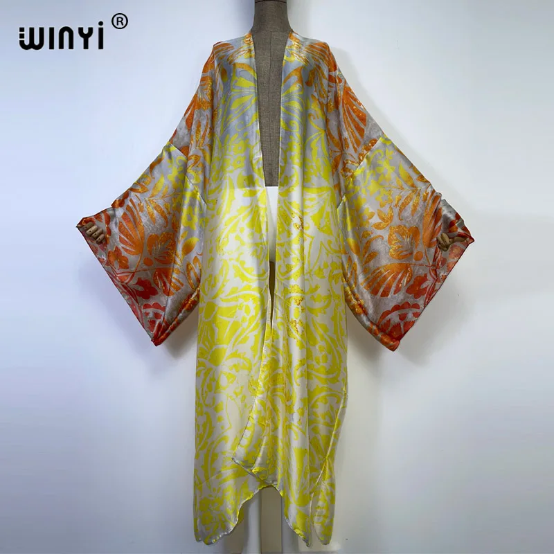 Africa WINYI new silk feeling sexy Unique printing Beach Wear Swim Suit Cover coat Elegant Women Boho Holiday Long Sleeve Kimono