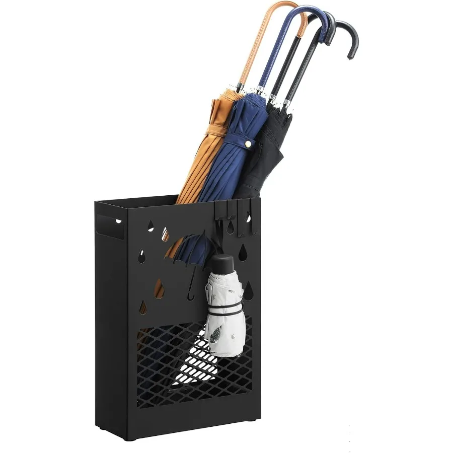 Paraguas rectangular de metal con bandeja de goteo extraíble y cuatro ganchos con un diseño recortado para uso en entrada o oficina d