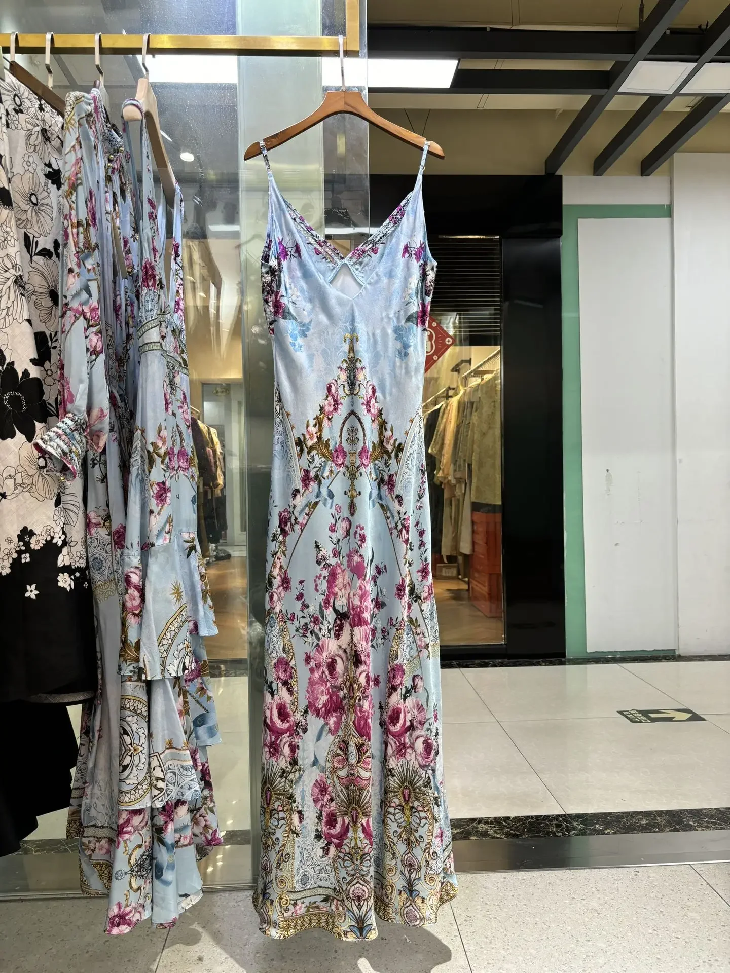 Robe Longue Bleue à Imprimé Floral pour Femme, Col en V en Fibre, Taille Haute, Slim, à la Mode, Été