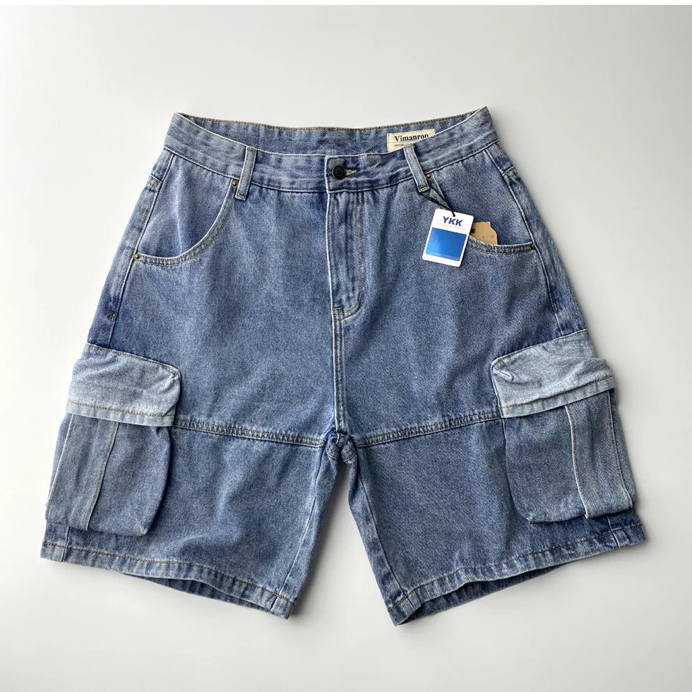 2025 Summer New American Retro Multi Pocket Denim Cargo Shorts Men's 85.7% Cotton Washed Straight Loose Casual Five-point Pants