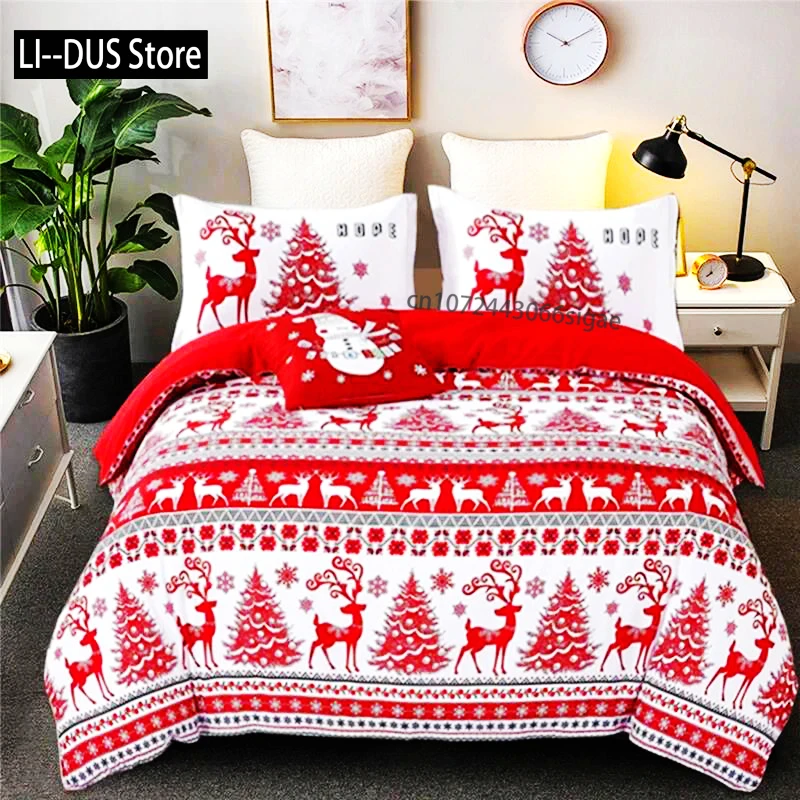 

Christmas Duvet Cover Set Snowflake Red Elk Reineer Tree Queen King Double Bedding Set Twin Single Boys Adult New Year Gift