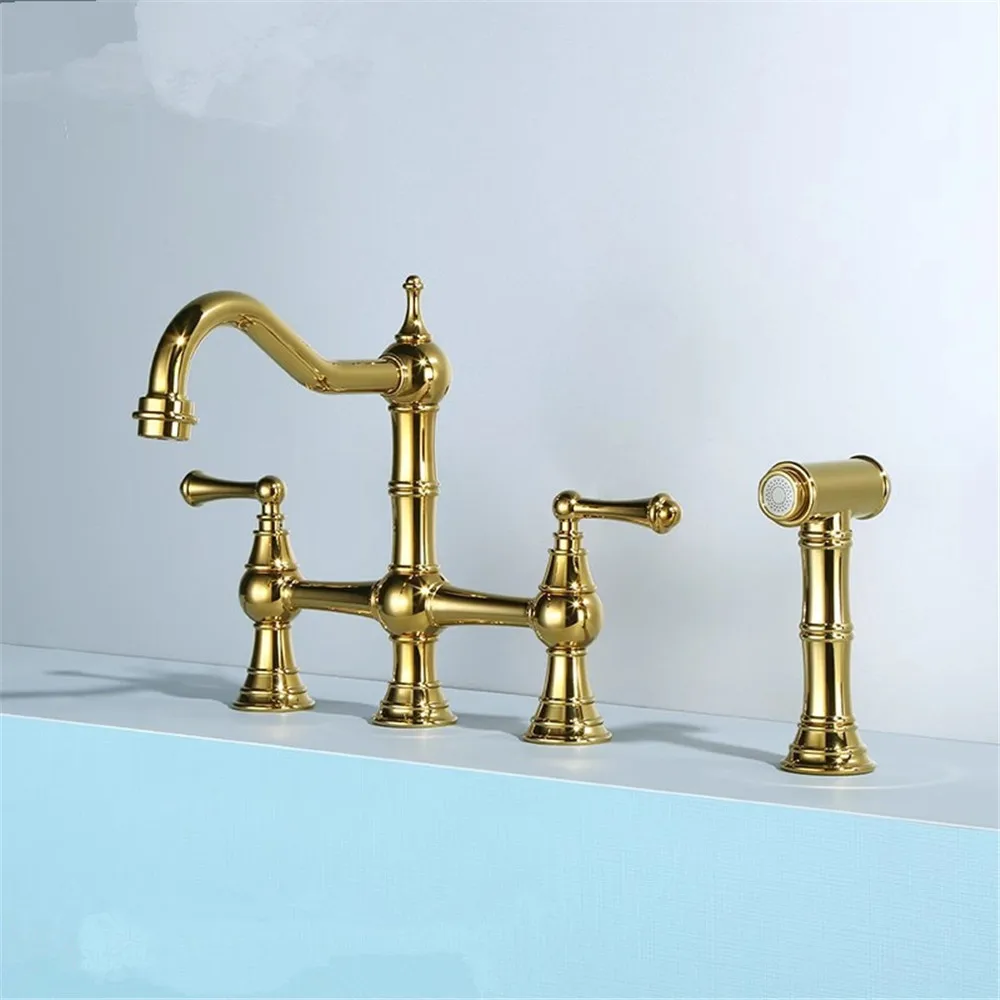 Brushed Gold Kitchen Faucet with Hand shower Head Black Pot Filler Tap Deck Mounted Hot Cold  Black Sink Tap Spout  Brass