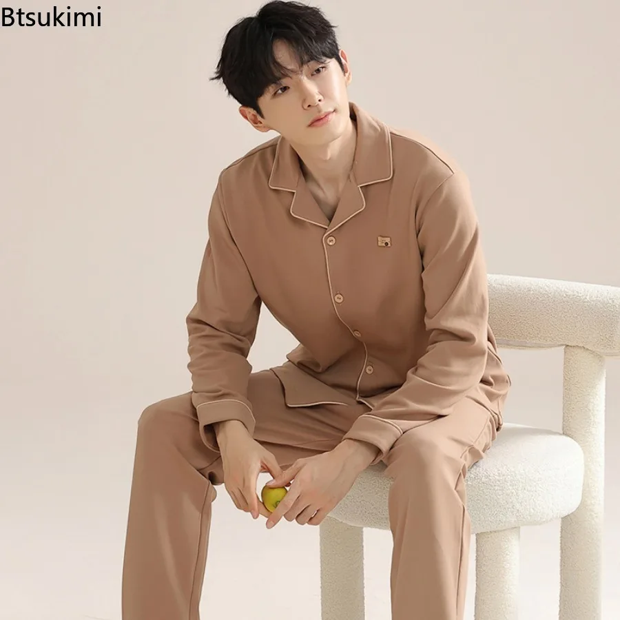 2026 Men's 100% Cotton Pajama Sets Comfortable Soft Long Sleeve Pants Home Clothes Two Piece Sets Loose Lounge Sleepwear for Men