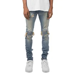 Männer Jeans Flash Distressed Bleistift hose Denim gespleißte Taschen High Street Slim Fit Mitte Taille Wasch reiß verschluss fliegen flach 2024