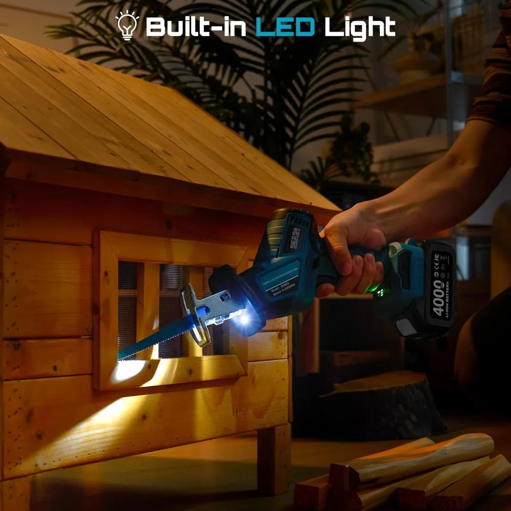 Cordless Reciprocating Saw with 3500 RPM Brushless Motor, 8 Blades, 2 Batteries, LED Light for Wood PVC Cutting