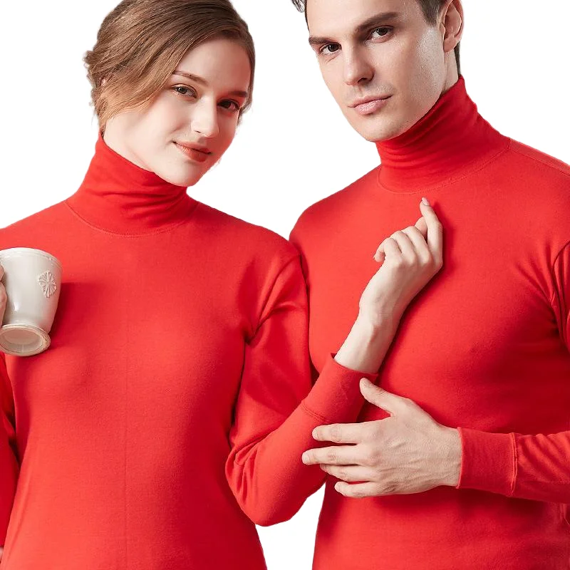 Sous-vêtements thermiques longs rouge vif pour hommes et femmes, pull en pur coton, costume senior, col haut, ropa intérieur térmica