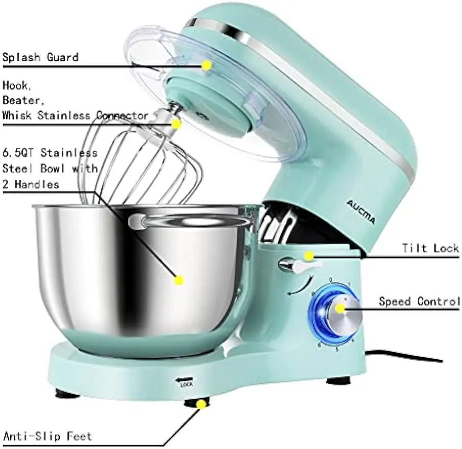 เครื่องผสมอาหาร6หัวเอียงความเร็ว6.5-Qt 660W เครื่องผสมอาหารในครัวพร้อมที่เกี่ยวแป้งที่แส้และเครื่องตี (6.5QT สีฟ้า)