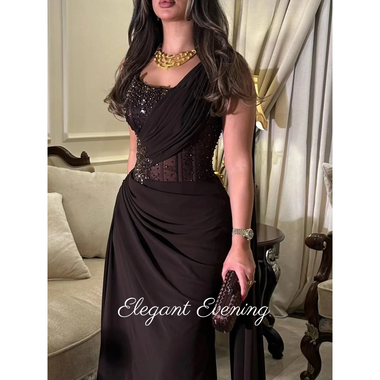

Brown Prom Dresses Mermaid Chiffon Backless Evening Dresses with Beaded Pleated Crystal Elegant Wedding Dresses Customized 2026